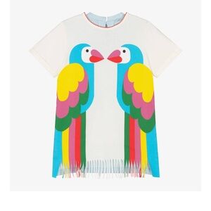 Stella McCartney Kids brand new GIRLS IVORY COTTON PARROT FRINGE HEM DRESS